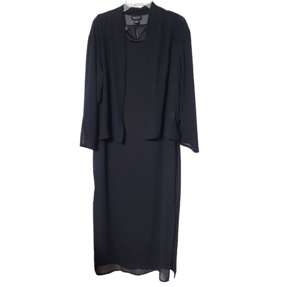 Leslie Fay 2 Piece Black Sleeveless Maxi Dress With Sheer Light Jacket Size 12